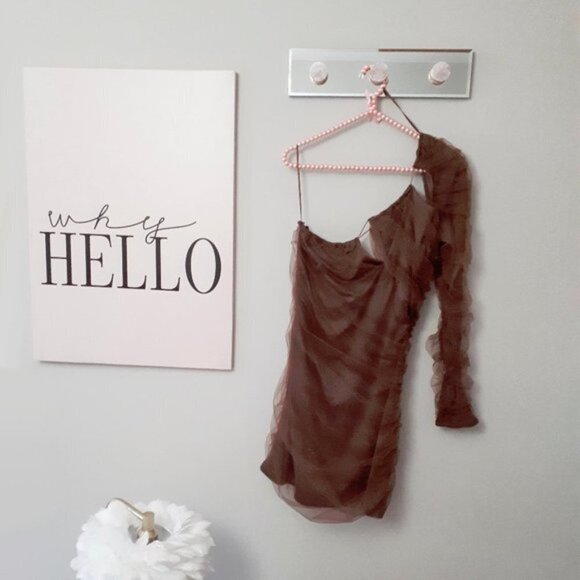 NWT Zara brown cut out tulle single sleeve mini dress, L - Picture 8 of 8
